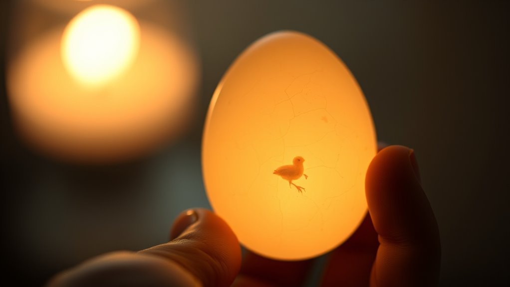 inspecting eggs with light