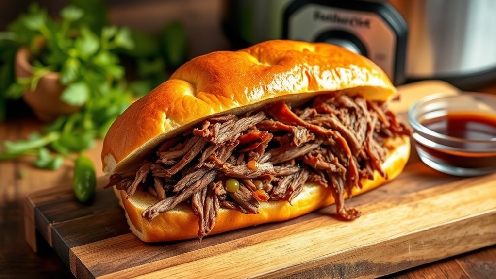 slow cooker shredded beef sandwiches